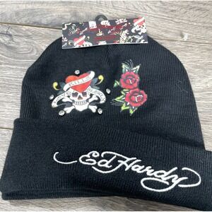 Ed Hardy Beanie Hat Adult One Size Black Cuffed Lot of 2 Tattoo Floral Winter